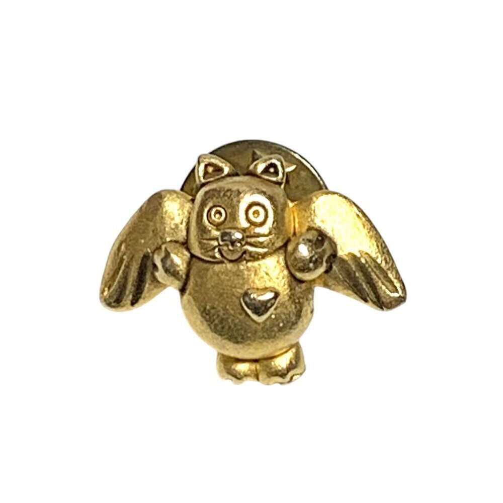 Vintage Gold Tone Cat Angel Pin With Heart 0.5"